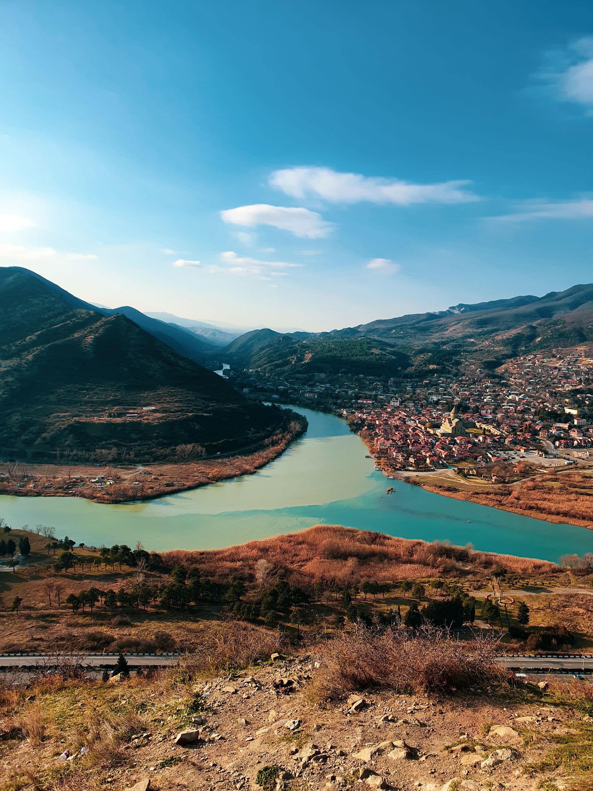 The Aragvi and Mtkvari river confluence at Mtskheta, Georgia
